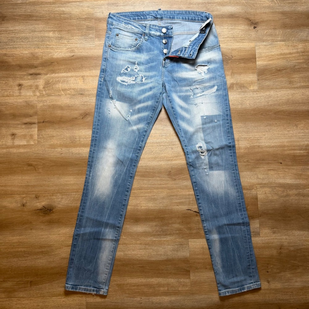 Dsquared2 Slim Jeans Mens 48 Light Blue Distressed Patchwork Made in Italy Denim